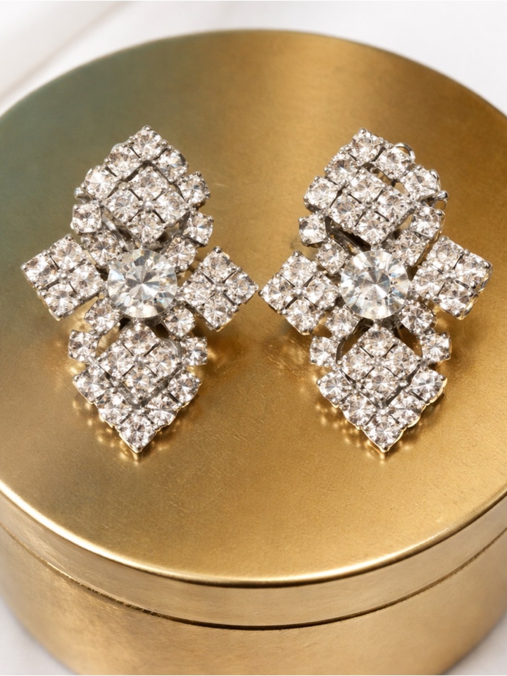 Vintage Rhinestone Clip On Earrings Silver Tone Art Deco Statement Bridal
